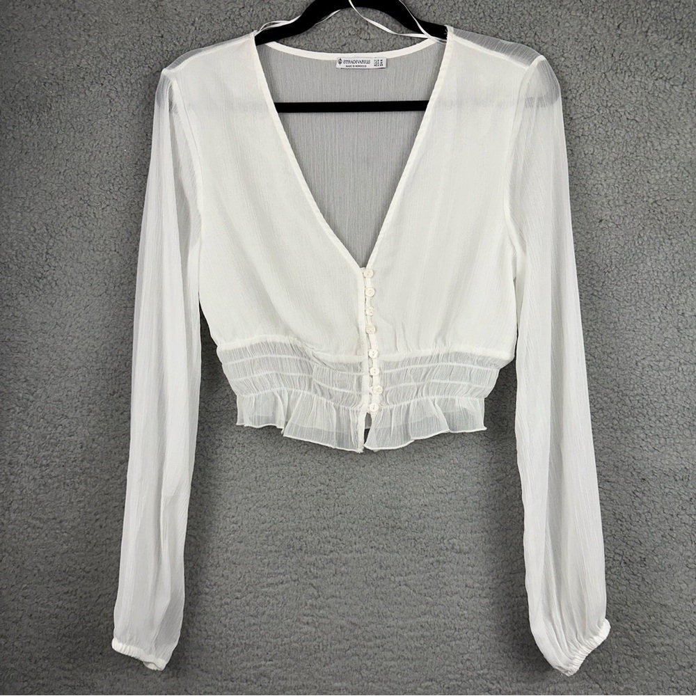 Stradivarius Top Medium White V-Neck Womens Smocked Lace Hem Sheer Crop Blouse